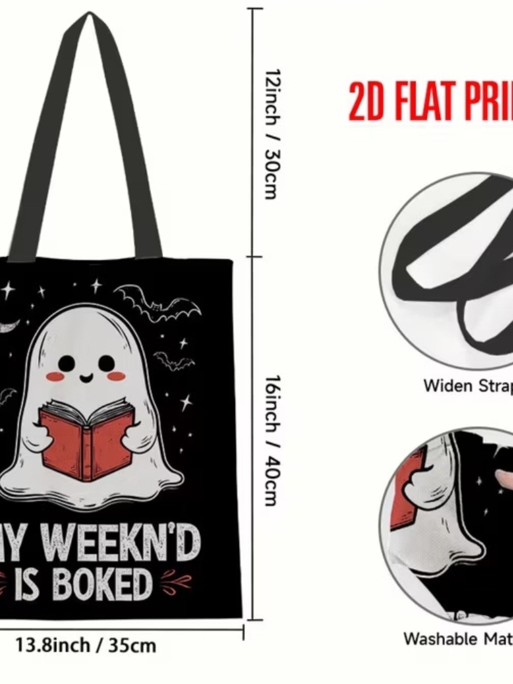 Black Ghost Tote Bag with Red Book Graphic - Picture 4 of 5